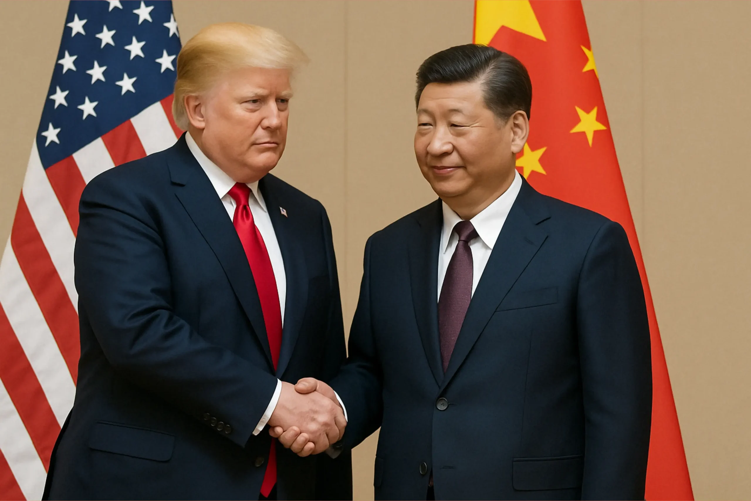President Donald Trump shakes hands with Chinese President Xi Jinping, symbolizing the US-China relations at the center of the trade war.